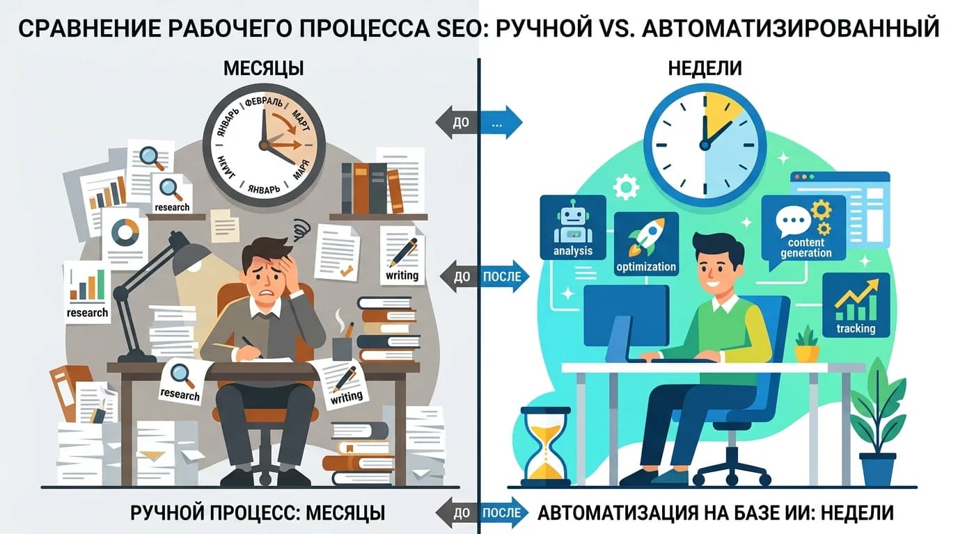 Сравнение ручного SEO-продвижения и автоматизированного с помощью AI