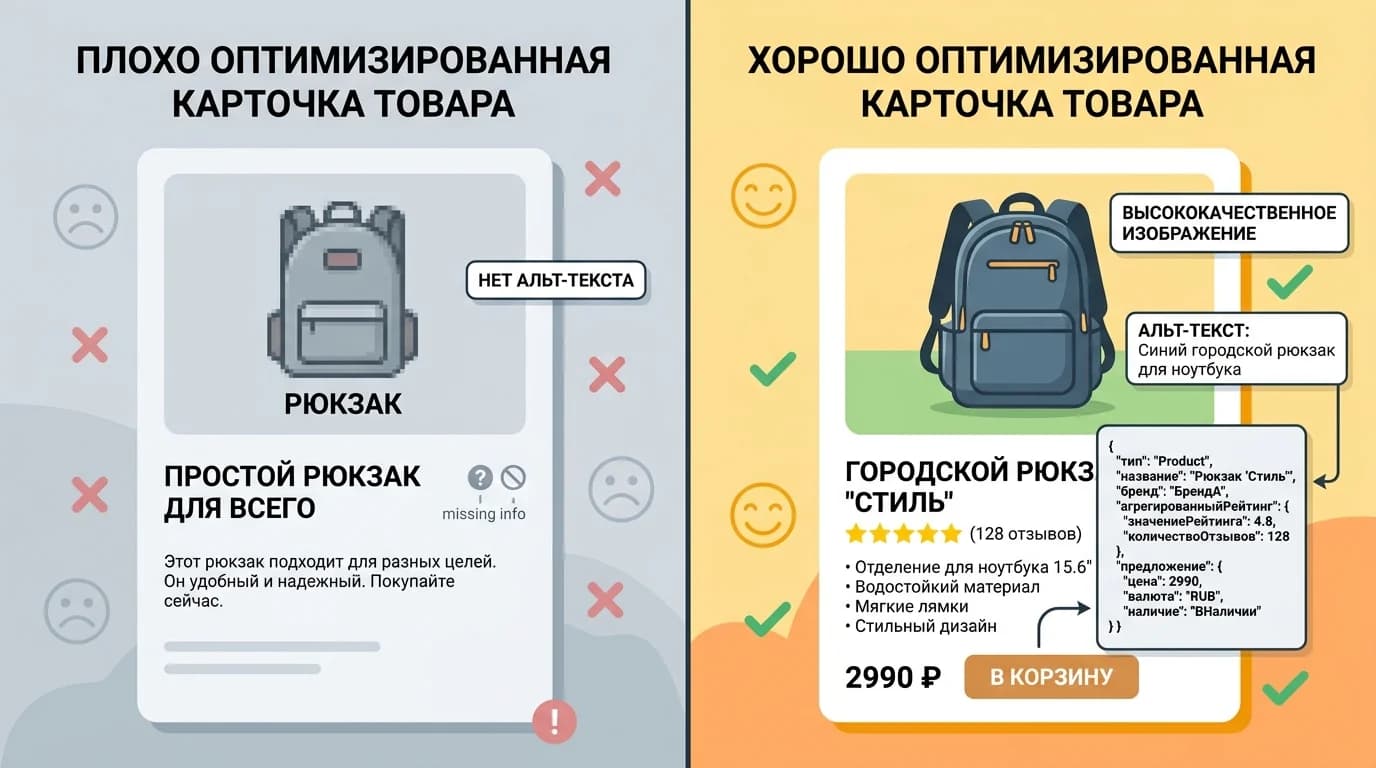 Сравнение плохо и хорошо оптимизированных карточек товаров