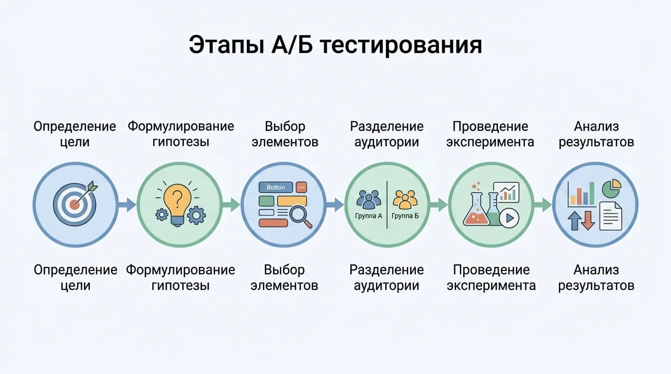 Шесть основных этапов A/B-тестирования в виде диаграммы