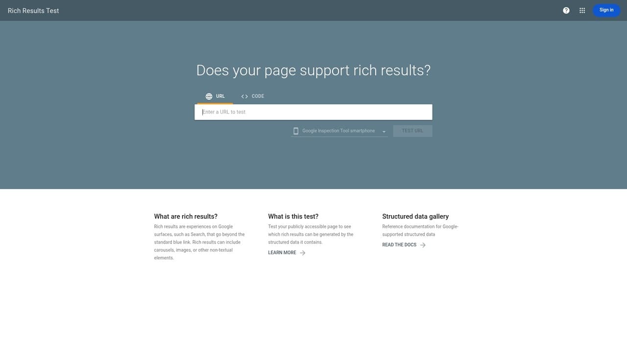 Интерфейс Google Rich Results Test с полем для ввода URL и примерами результатов валидации