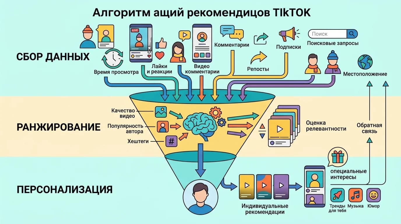 Схема работы алгоритма рекомендаций TikTok