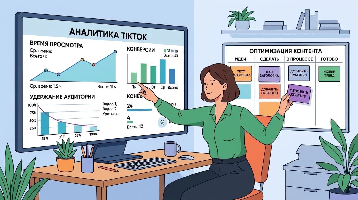 Маркетолог анализирует аналитику TikTok и оптимизирует контент