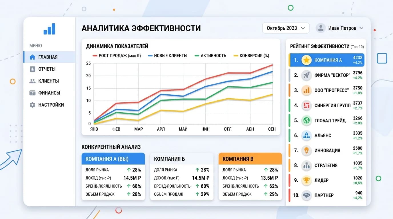 Интерфейс платформы мониторинга позиций с графиками и сравнением конкурентов