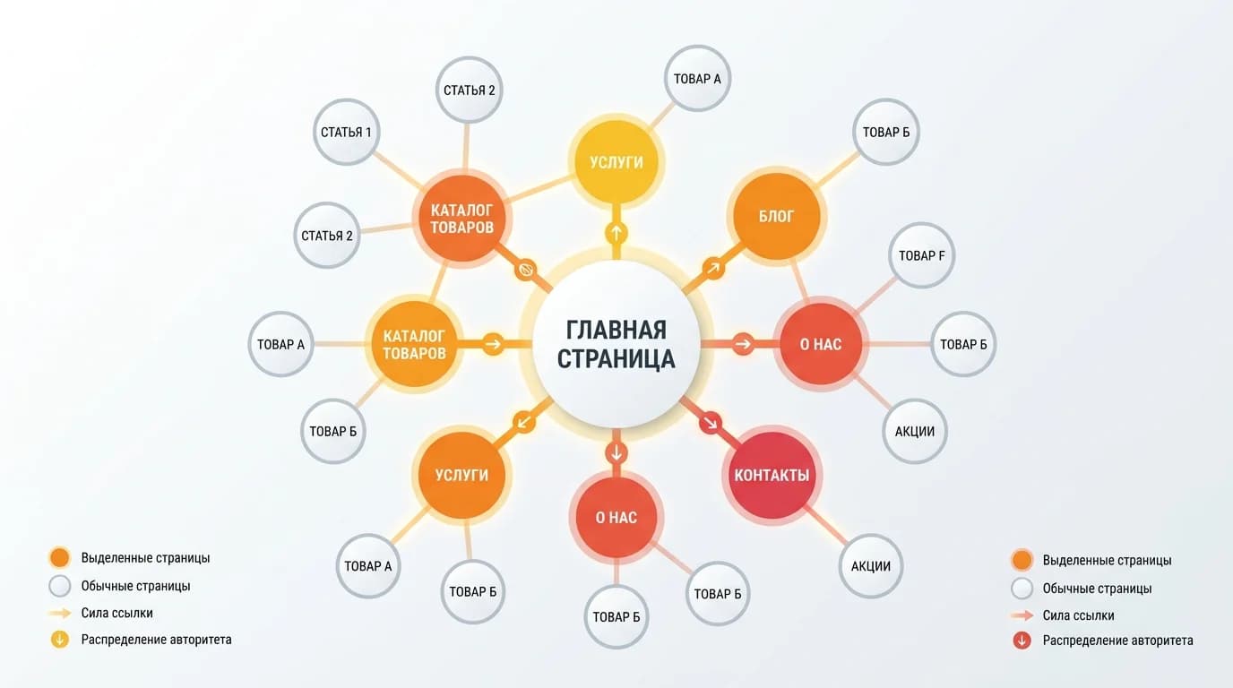 Схема внутренней перелинковки сайта с распределением авторитета между страницами
