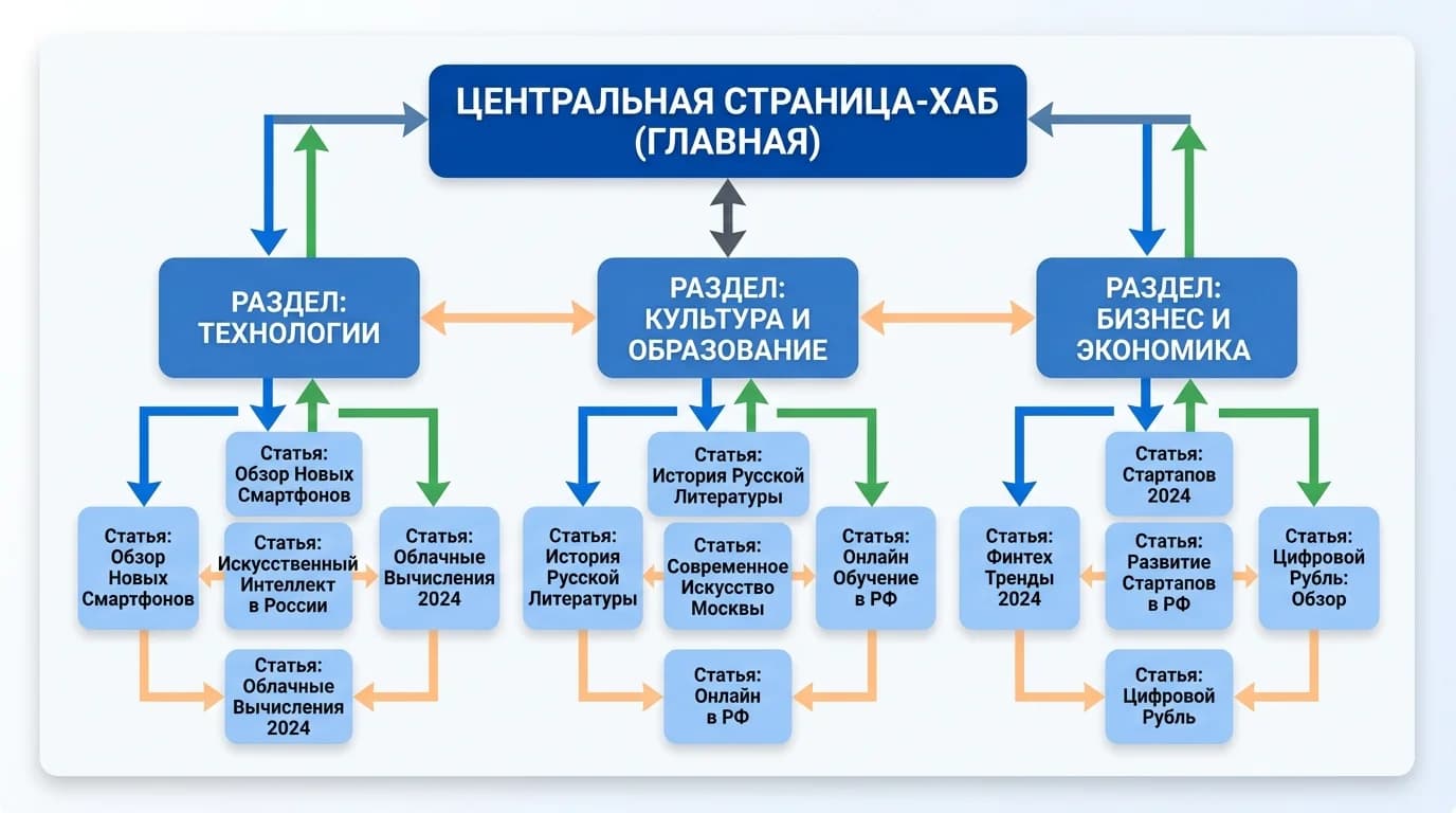 Иерархическая структура сайта с системой перелинковки между хабом, подхабами и статьями