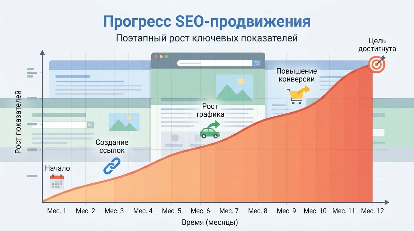 График роста органического трафика благодаря правильной перелинковке за 12 месяцев