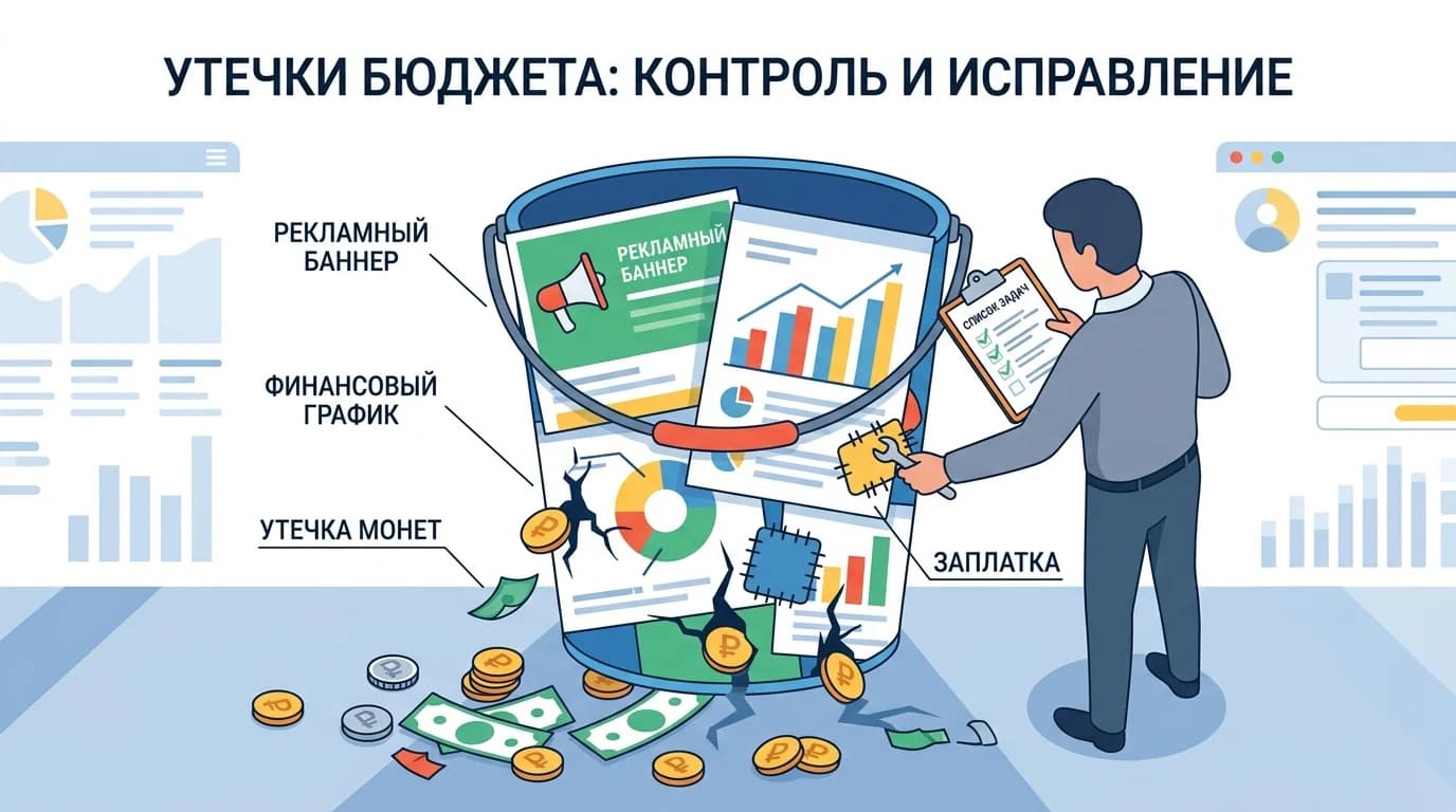 Визуальная метафора утечек рекламного бюджета через неэффективные кампании