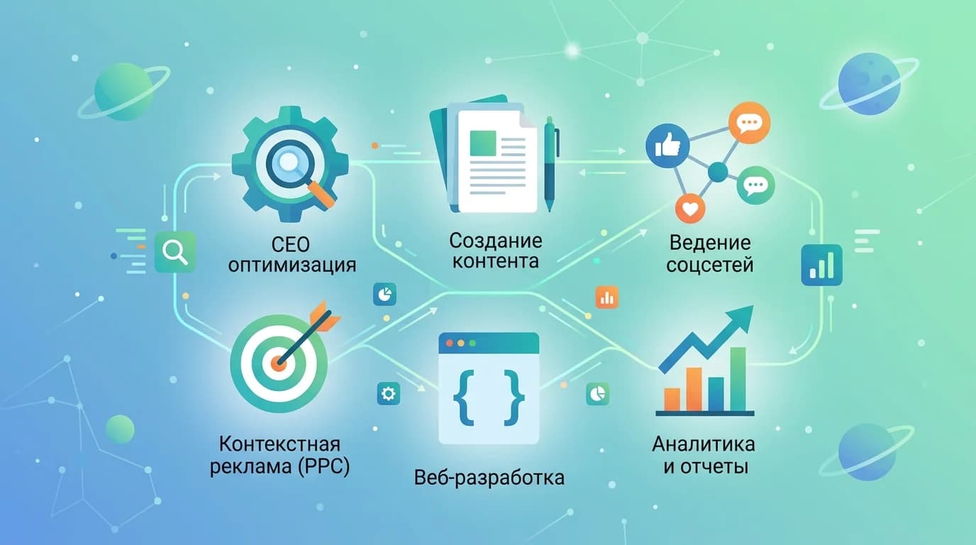 Основные услуги диджитал-агентств в виде взаимосвязанных модулей