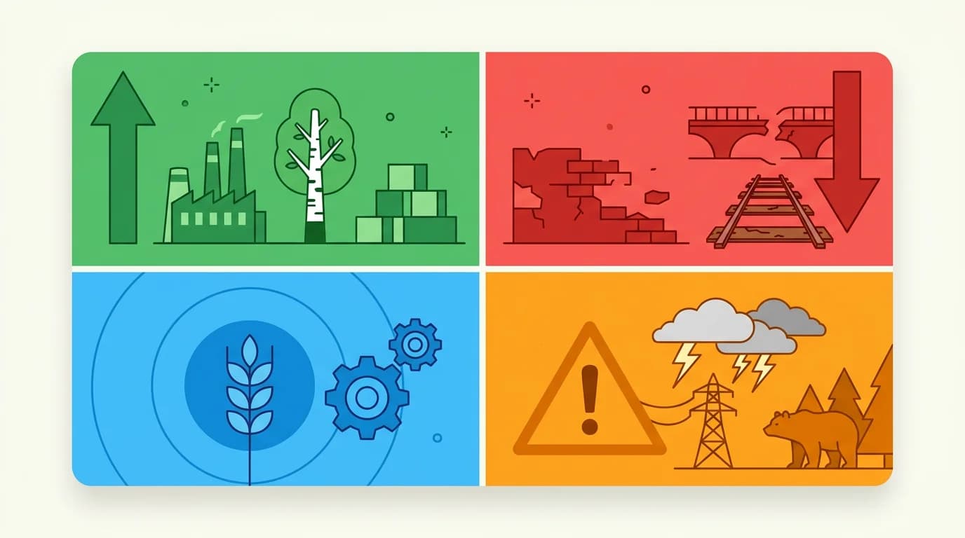 Матрица SWOT с четырьмя компонентами анализа: сильные стороны, слабые стороны, возможности и угрозы