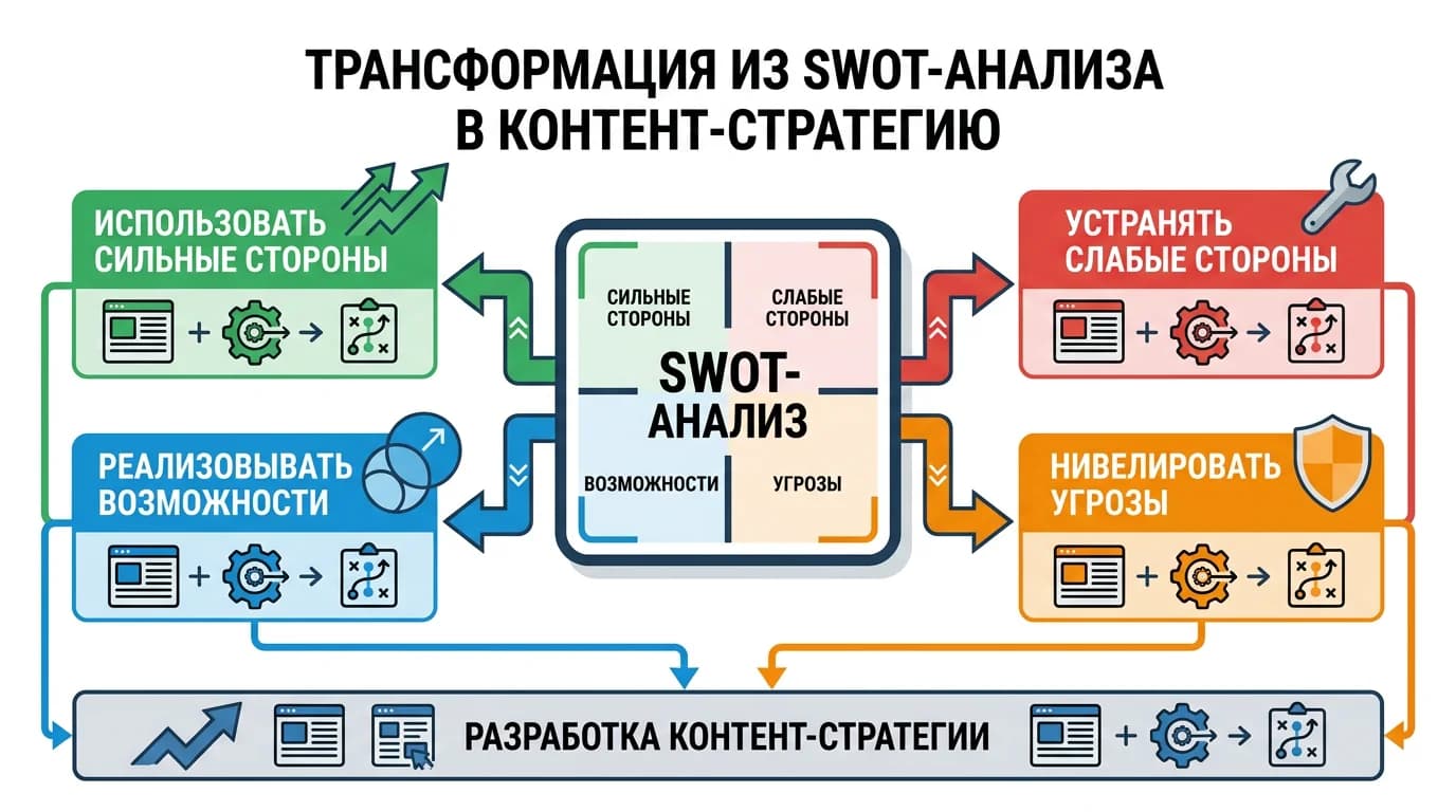 Схема преобразования SWOT-анализа в контент-стратегию и действия