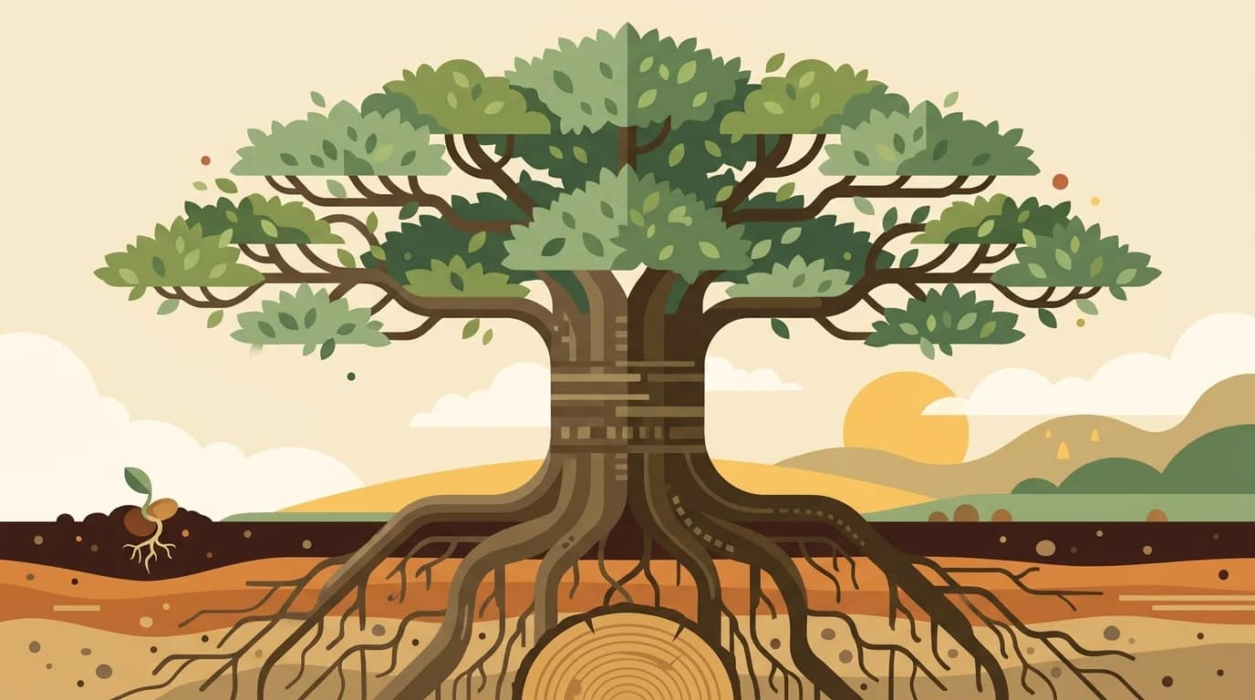 Метафора роста узнаваемости бренда через SEO-контент: от корней (основания) к ветвям (видимости)