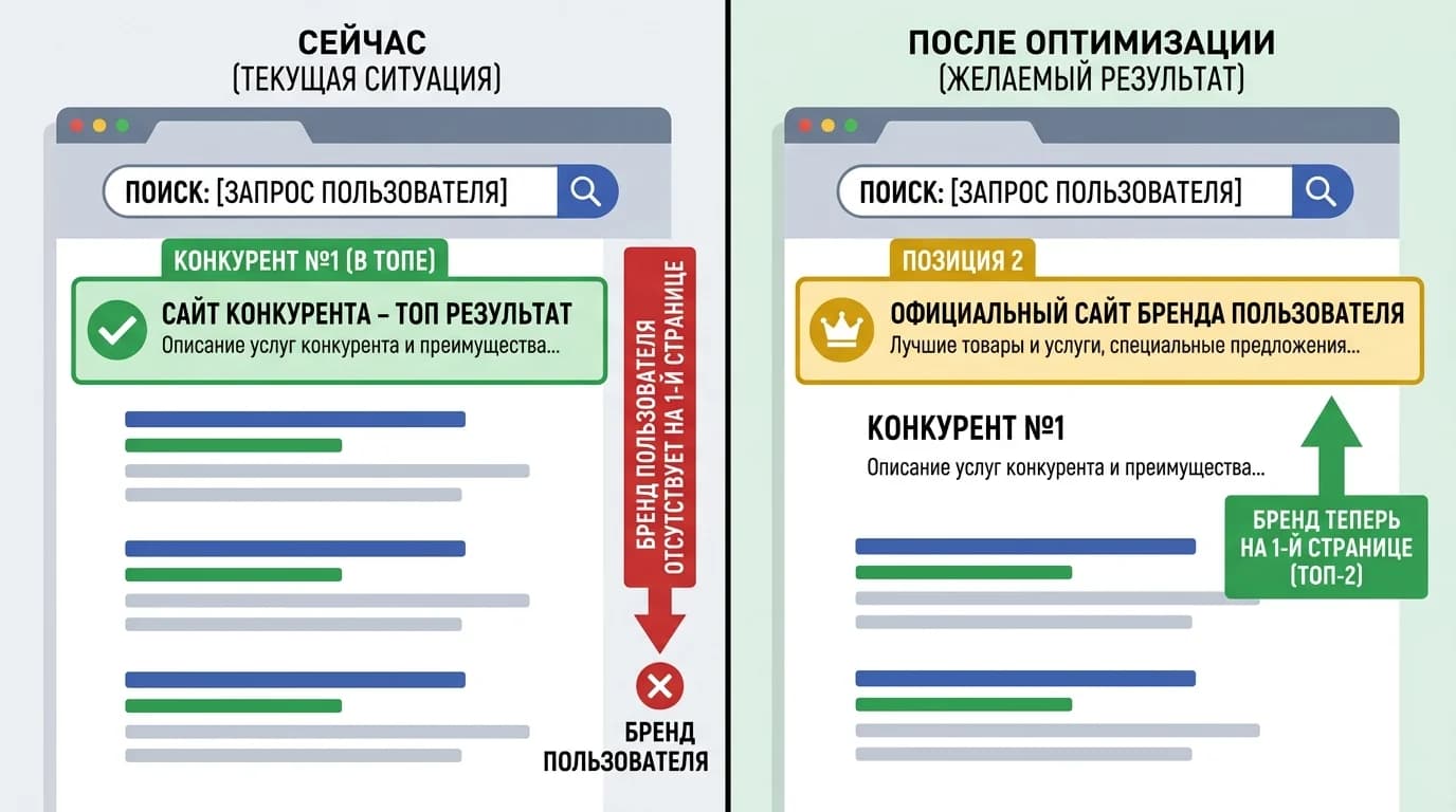 Сравнение видимости в поиске: отсутствие в выдаче против занятия позиции в топ-3