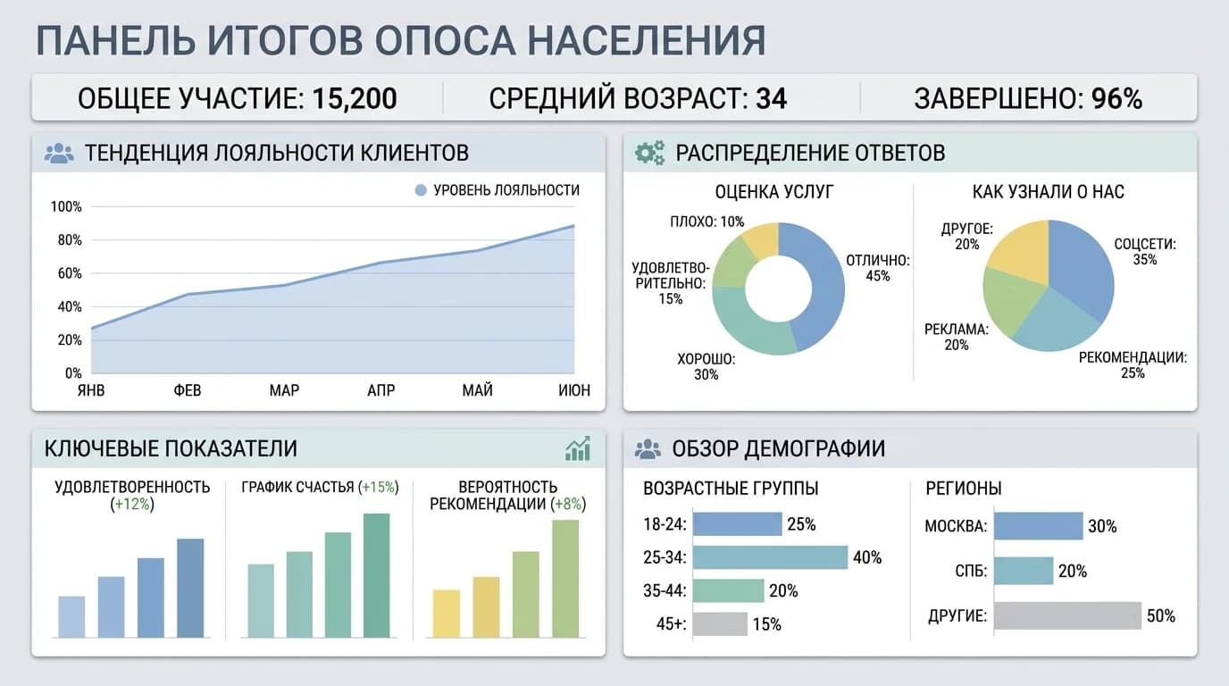 Пример аналитической панели с результатами опросов и метриками узнаваемости бренда