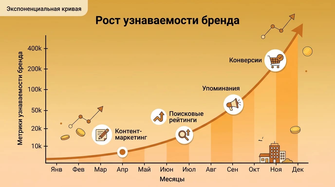 Экспоненциальный рост узнаваемости бренда со временем при последовательном применении SEO-стратегии
