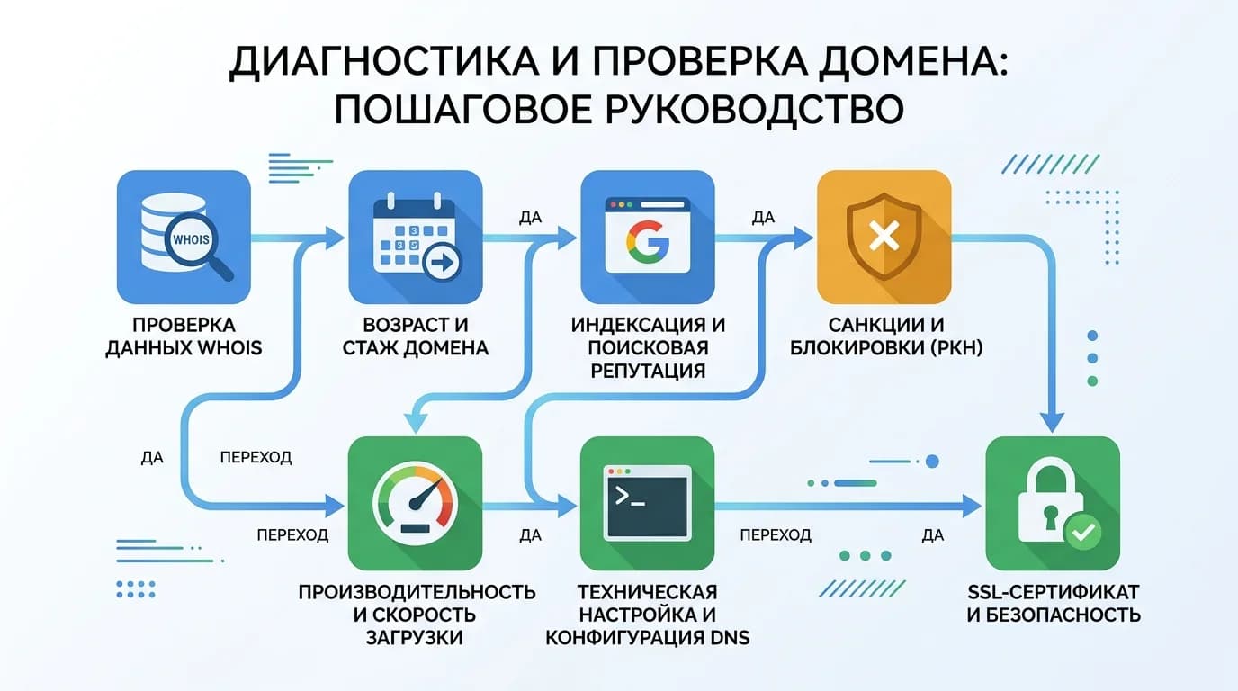 Визуальная схема 7-этапного чек-листа проверки домена с иконками для каждого пункта