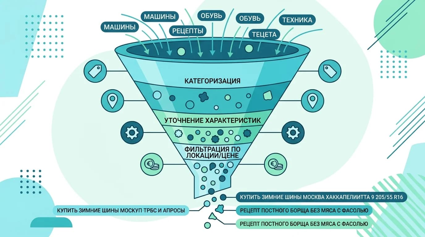 Воронка сужения ключевых запросов от общих к специфичным