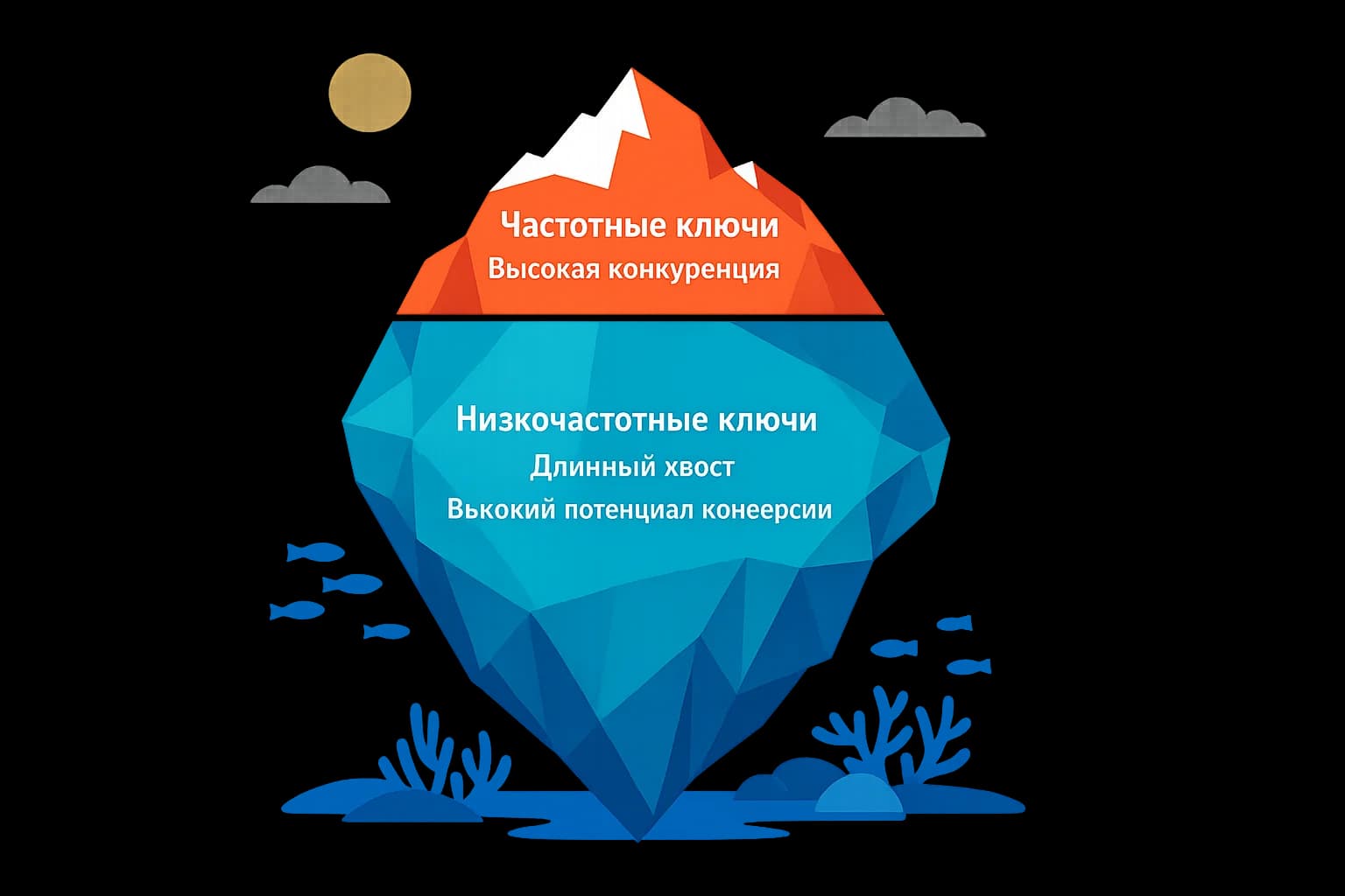 Айсберг ключевых запросов: видимые высокочастотные и скрытые низкочастотные запросы