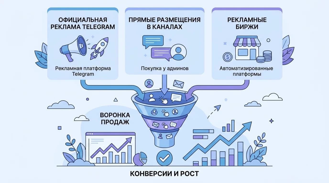 Схема основных способов размещения рекламы в Telegram: Ads, прямые посевы и биржи