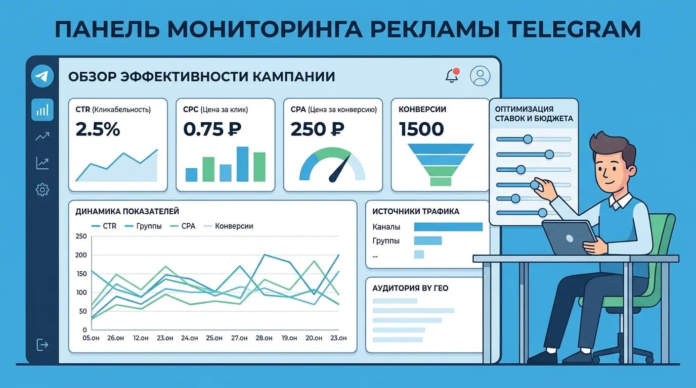 Дашборд с основными метриками эффективности рекламы в Telegram и настройками оптимизации