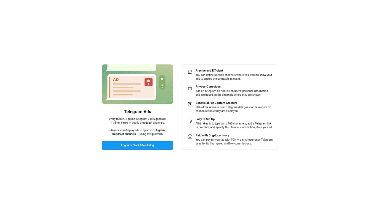 Интерфейс главной страницы рекламного кабинета Telegram Ads