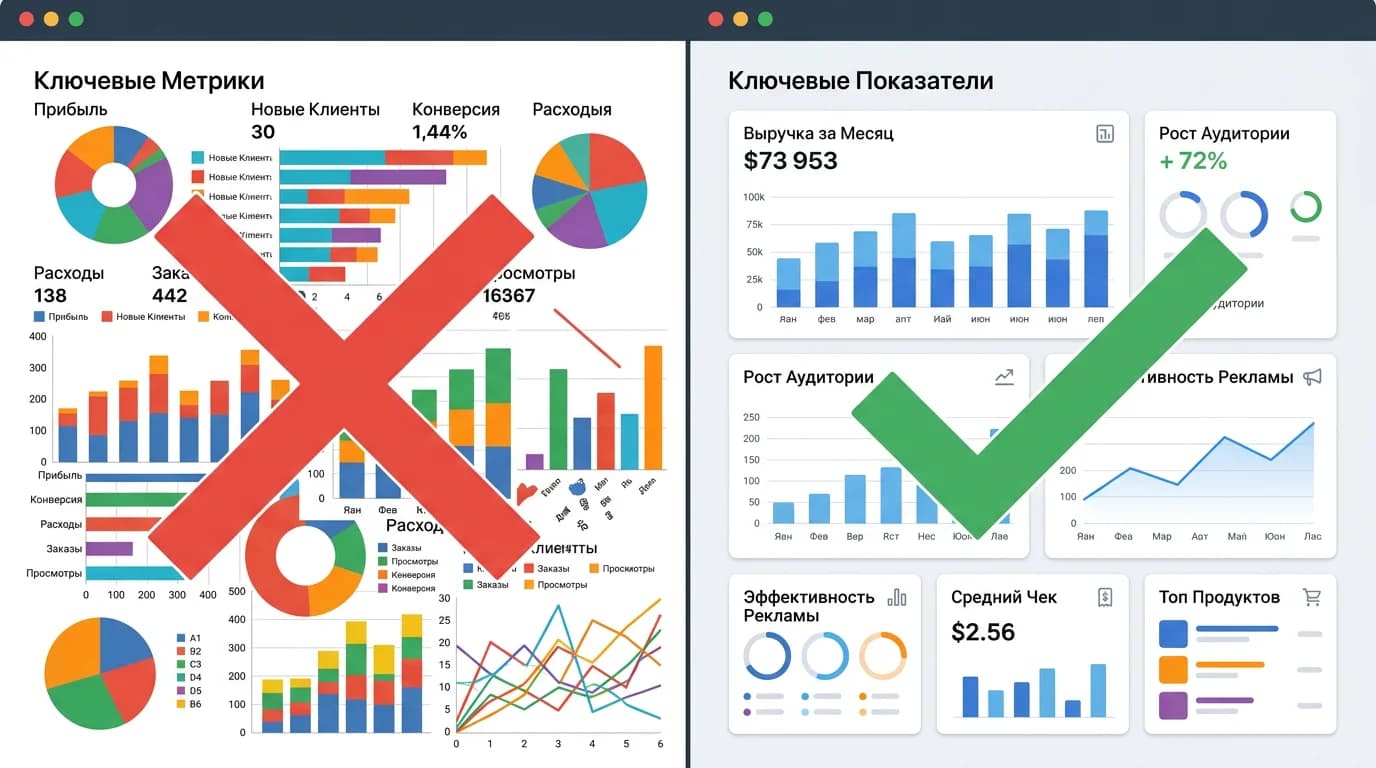 Сравнение перегруженного и минималистичного дашборда