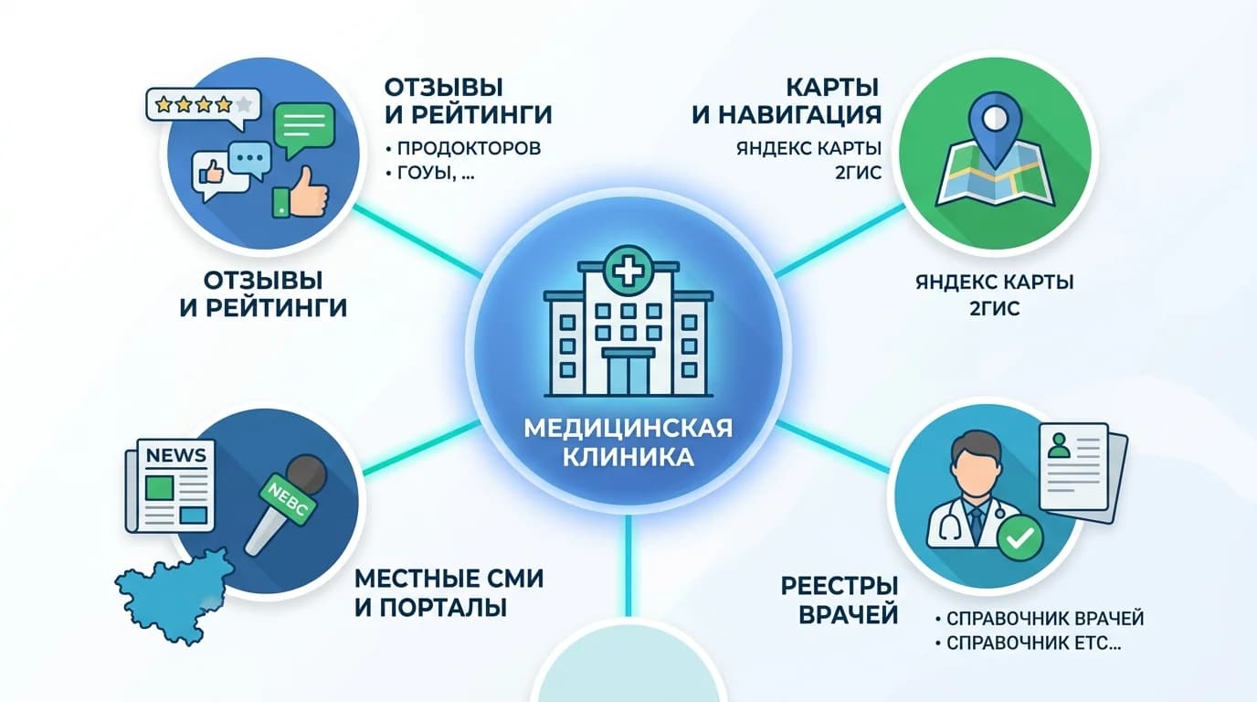 Сеть внешних сигналов и локального присутствия для медицинского сайта