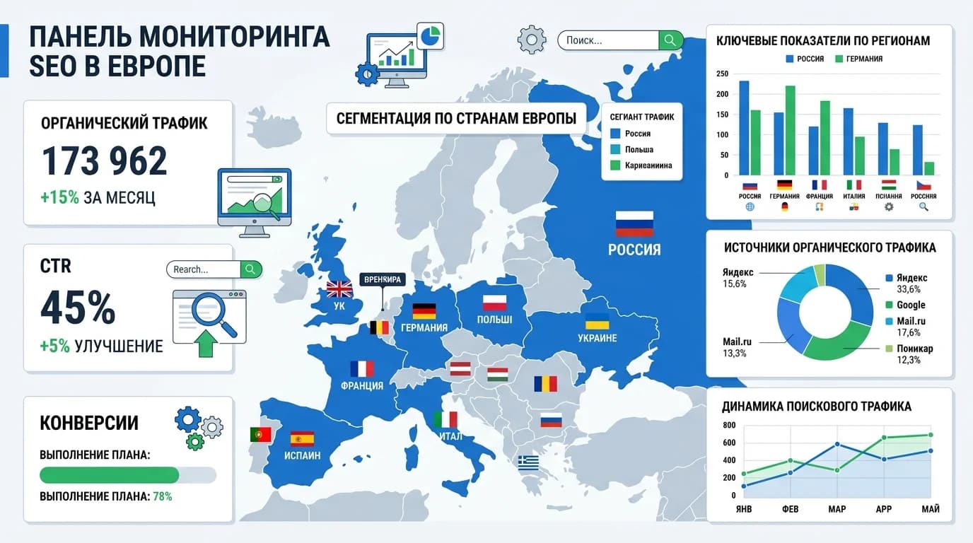 Дашборд с KPI по органическому трафику и конверсиям по странам Европы