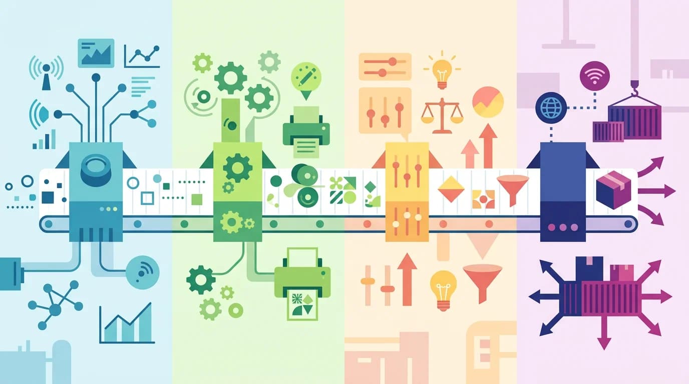 Схема четырёхэтапного конвейера контент-завода в плоском дизайне