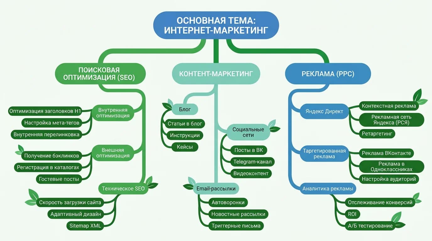 Визуализация кластеризации семантического ядра с ветвлением по темам