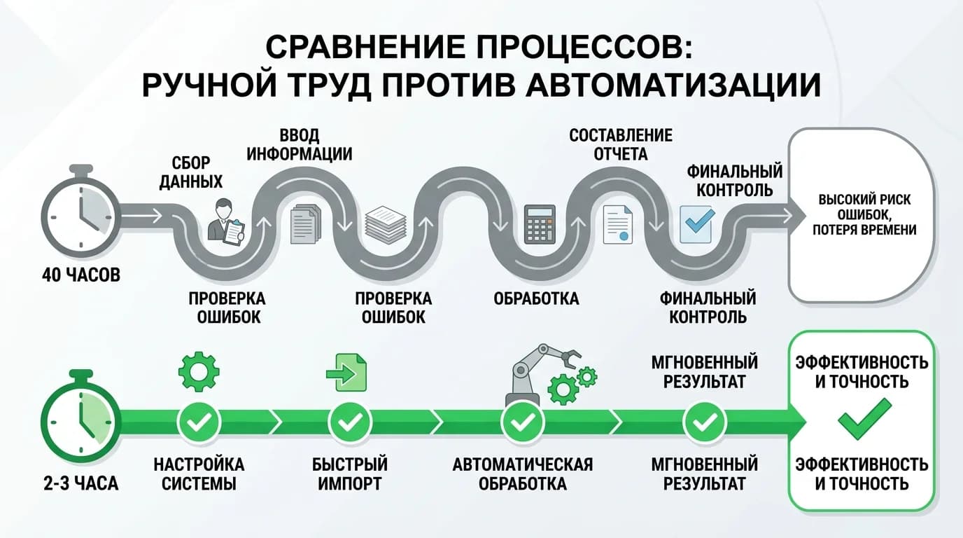Сравнение времени на ручной сбор семантики и автоматизированный процесс с Wordstat Assistant