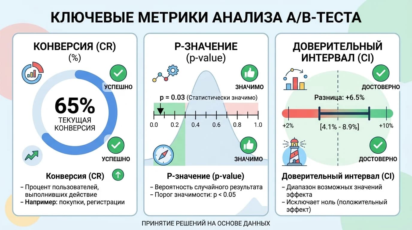 Три ключевые метрики анализа результатов сплит-теста: процент конверсии, p-value и доверительный интервал