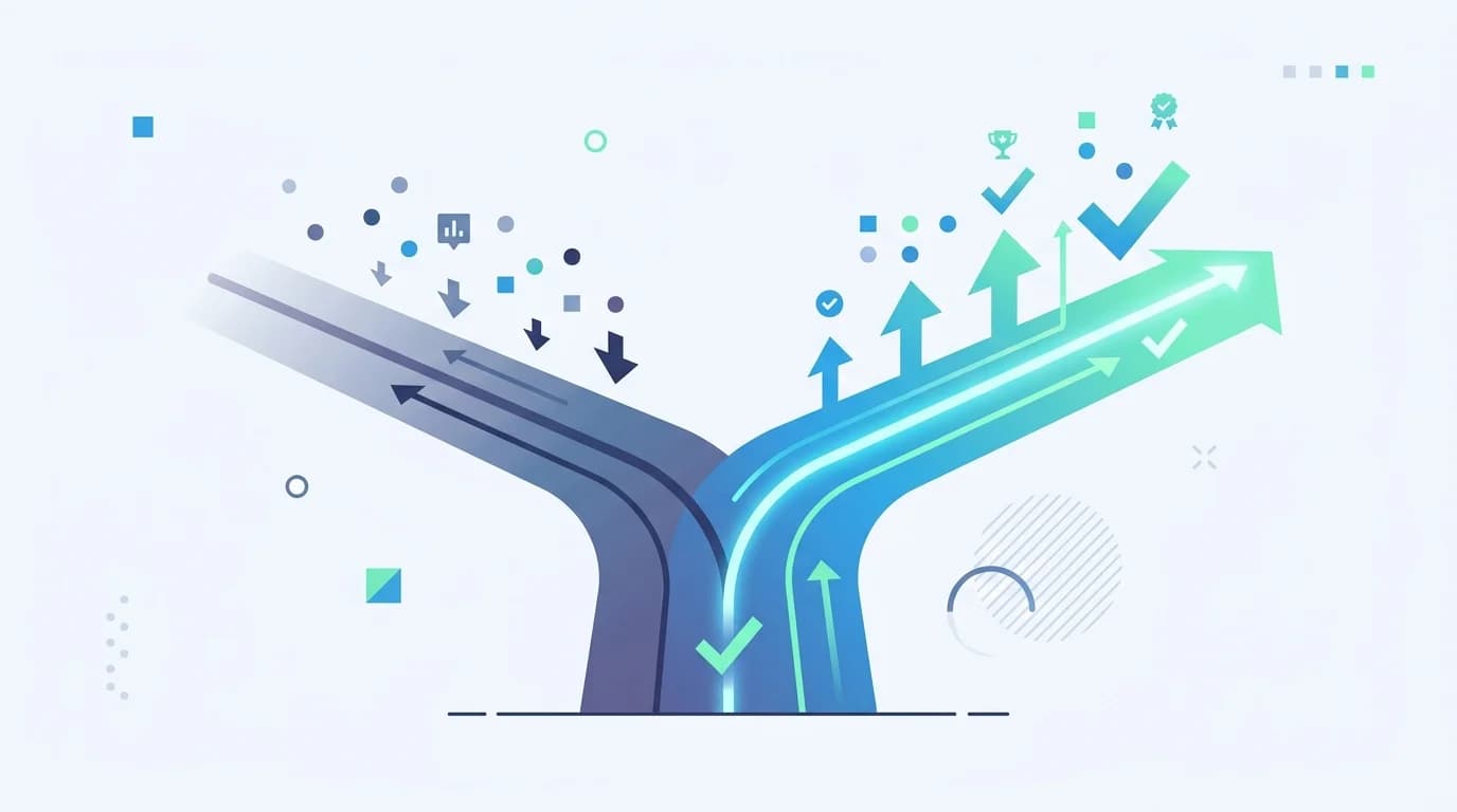 Иллюстрация двух расходящихся путей с индикаторами успеха, символизирующая выбор между вариантами A и B в сплит-тестировании