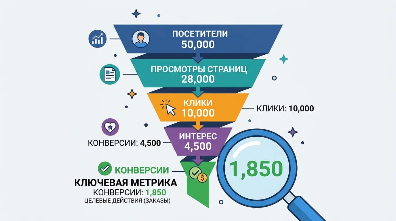 Визуализация воронки конверсии с выделением основной метрики успеха
