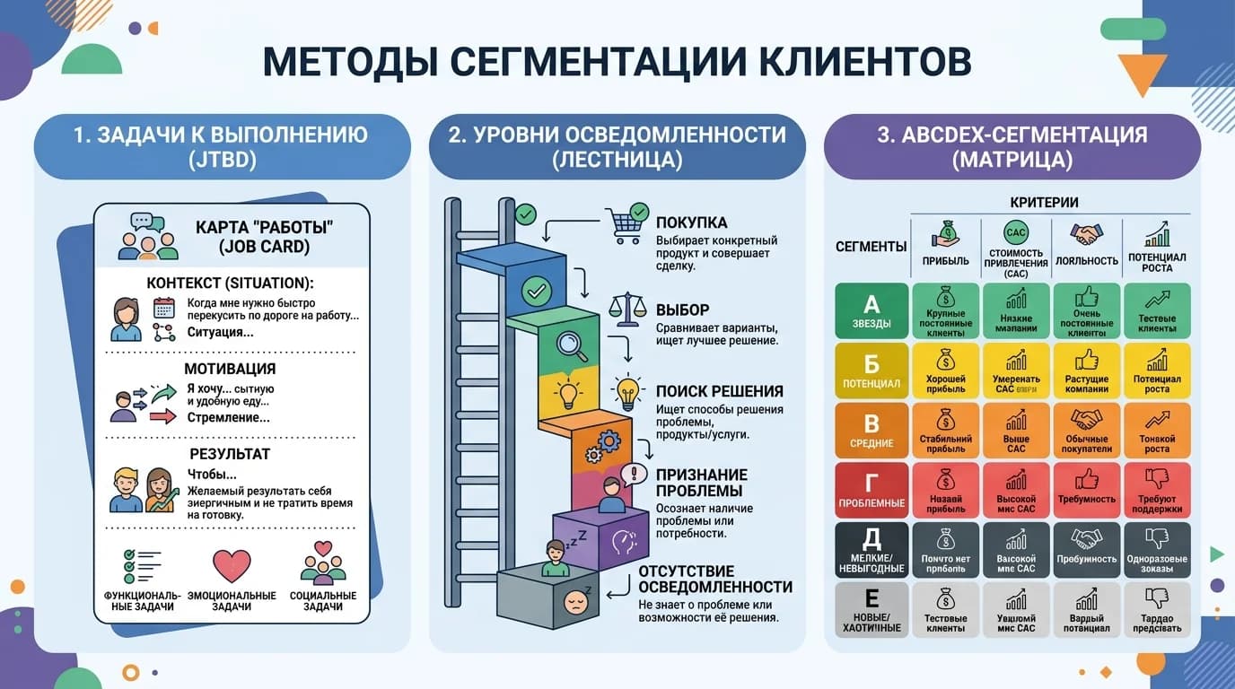 Схематичное сравнение методов сегментации JTBD, лестницы Ханта и ABCDEX