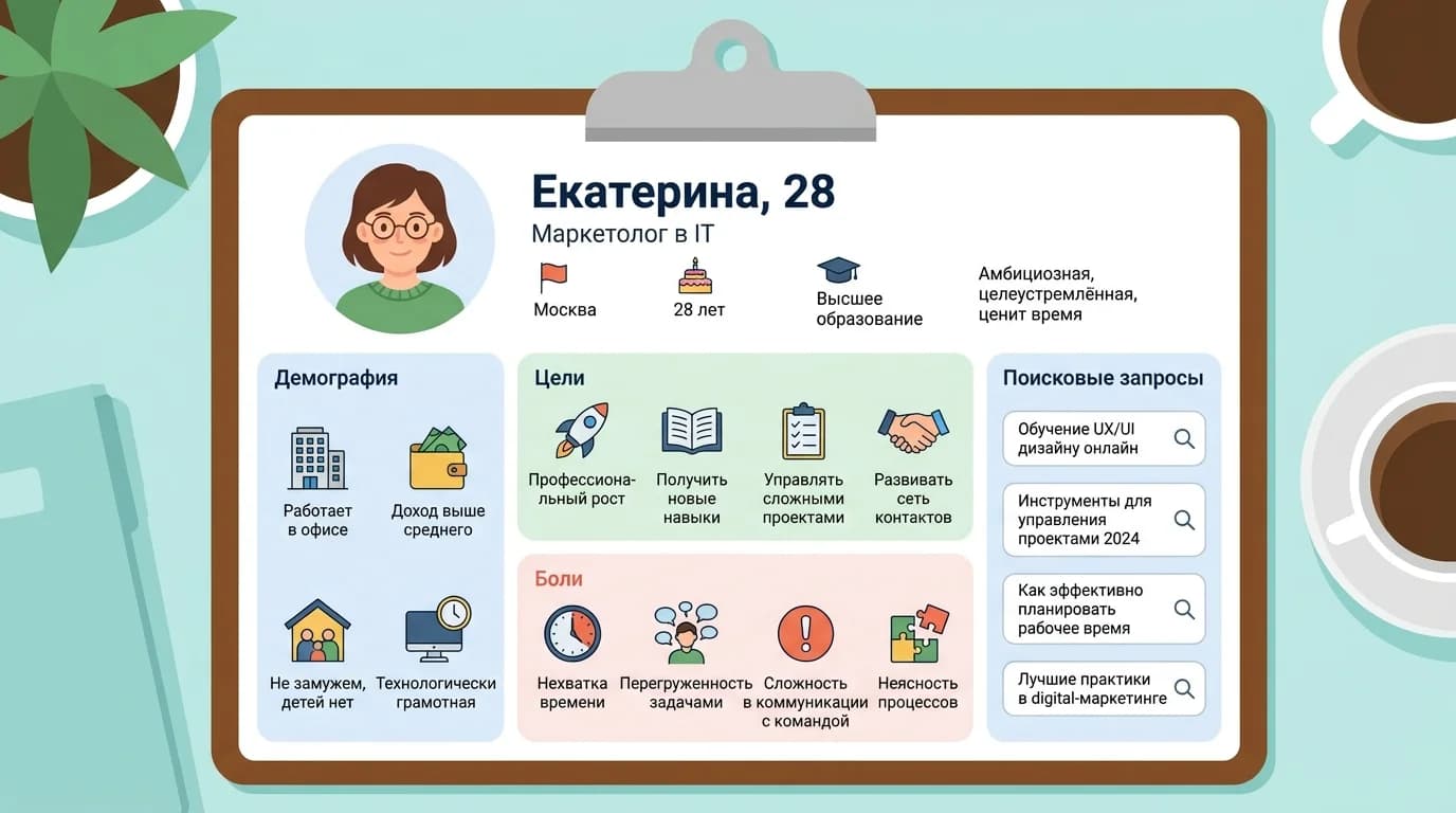 Карточка портрета целевого клиента с целями, болями и поисковым поведением