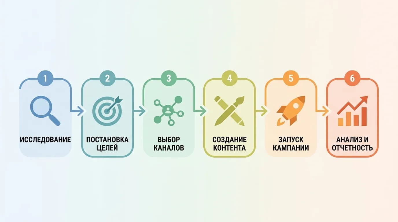 Шесть этапов планирования и реализации рекламной кампании: анализ, целеполагание, выбор каналов, создание контента, запуск, анализ результатов