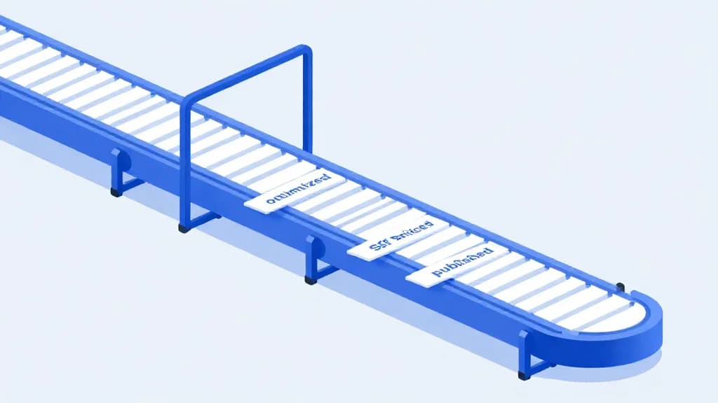 Конвейер, производящий SEO-статьи, символизирующий автоматизацию контента