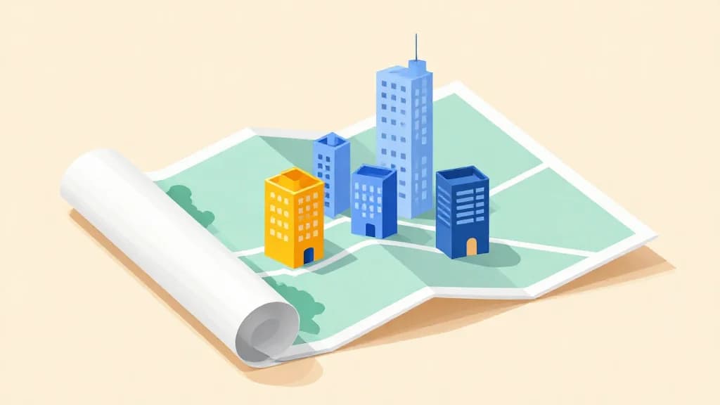 Развертывающаяся карта с миниатюрными зданиями, символизирующая Sitemap