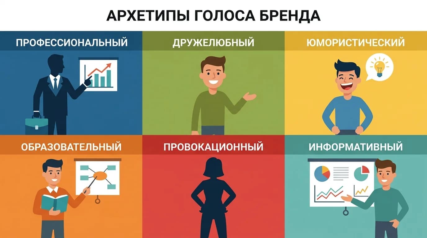 Шесть архетипов голоса бренда: профессиональный, дружелюбный, юмористический, наставнический, провокационный и информативный
