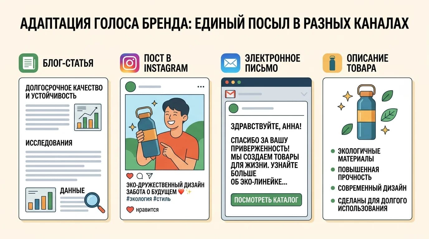Адаптация единого голоса бренда под разные каналы: блог, соцсети, email, описания товаров