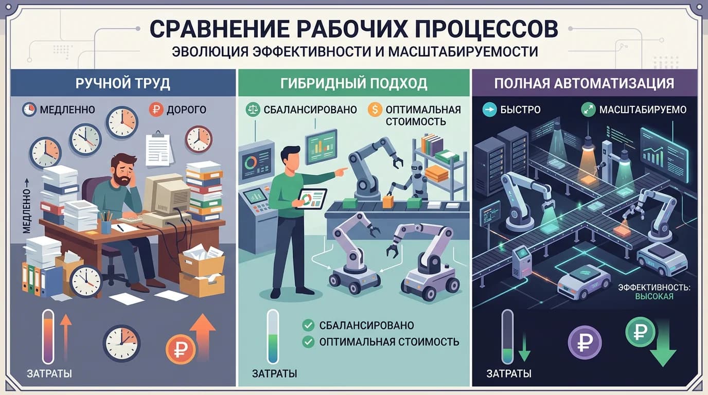 Сравнение ручного создания контента, гибридного подхода и полной автоматизации