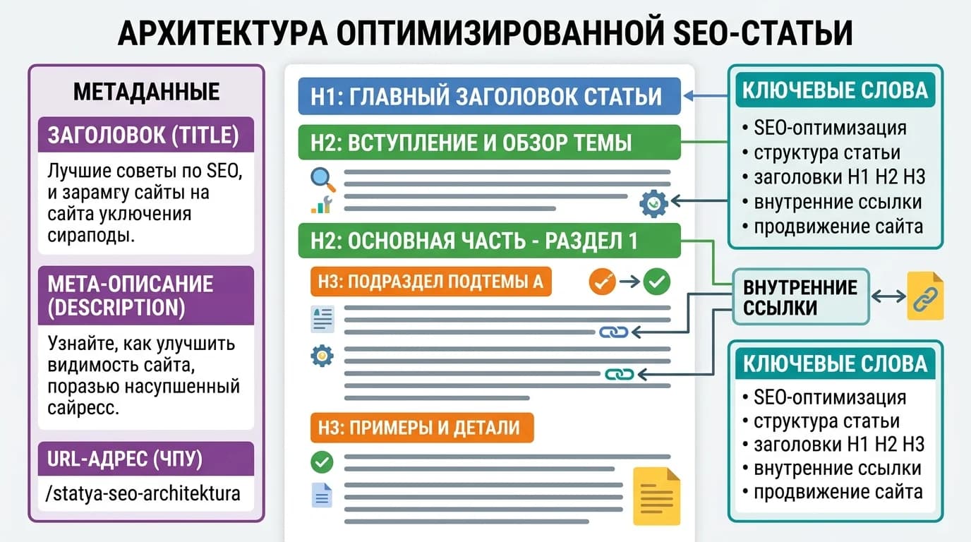 Инфографика структуры оптимизированного SEO-текста с заголовками и ключевыми словами
