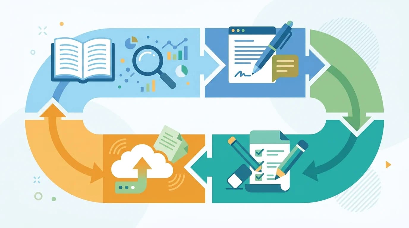 Четыре основных компонента рабочего процесса создания контента в виде взаимосвязанных блоков