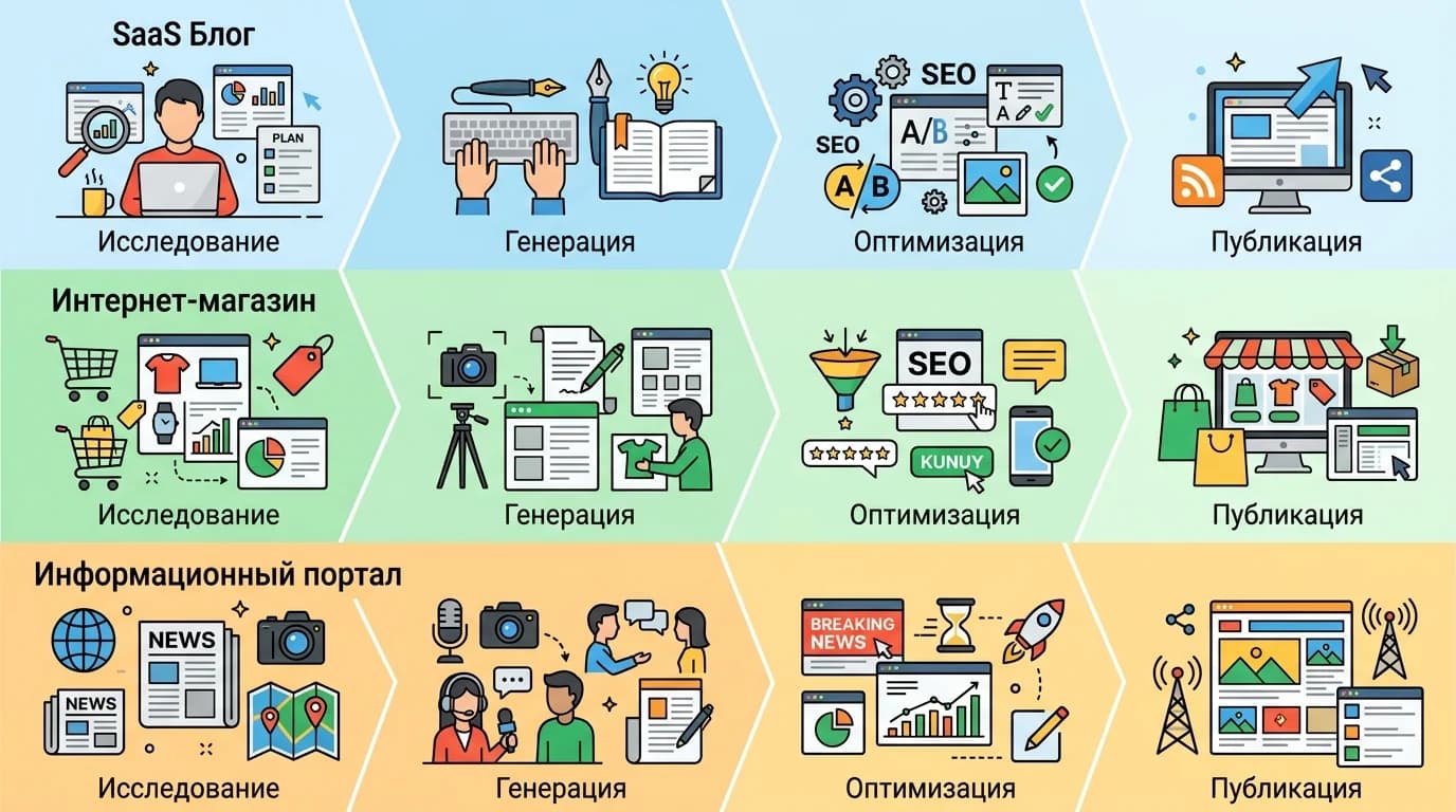 Три примера автоматизированных воркфлоу для разных типов сайтов и ниш