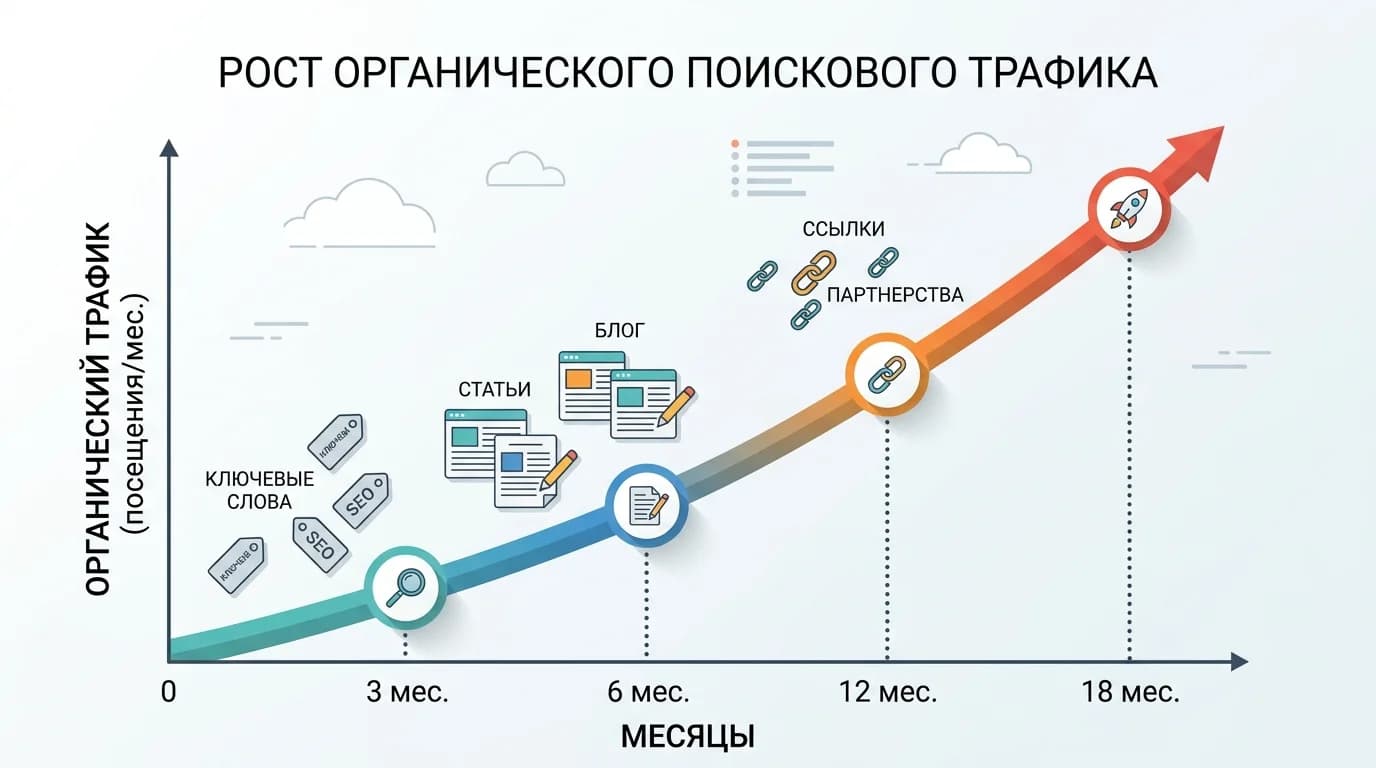 Кривая роста органического трафика из SEO за 18 месяцев