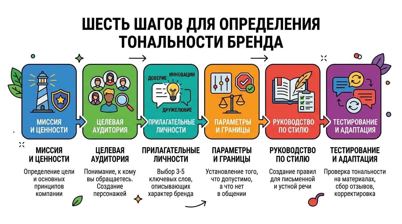 Схема из шести шагов по разработке tone of voice бренда