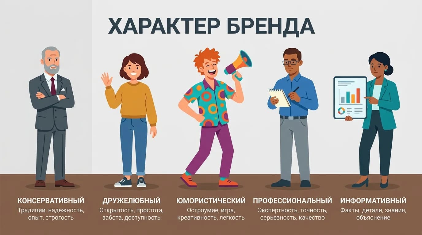 Разные персонажи, олицетворяющие типы tone of voice бренда