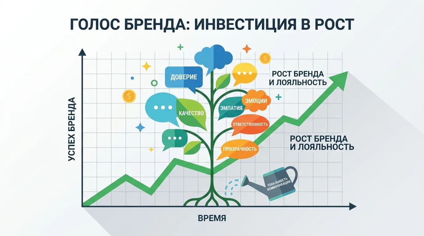 Росток в виде речевых облаков на фоне растущего графика бренда