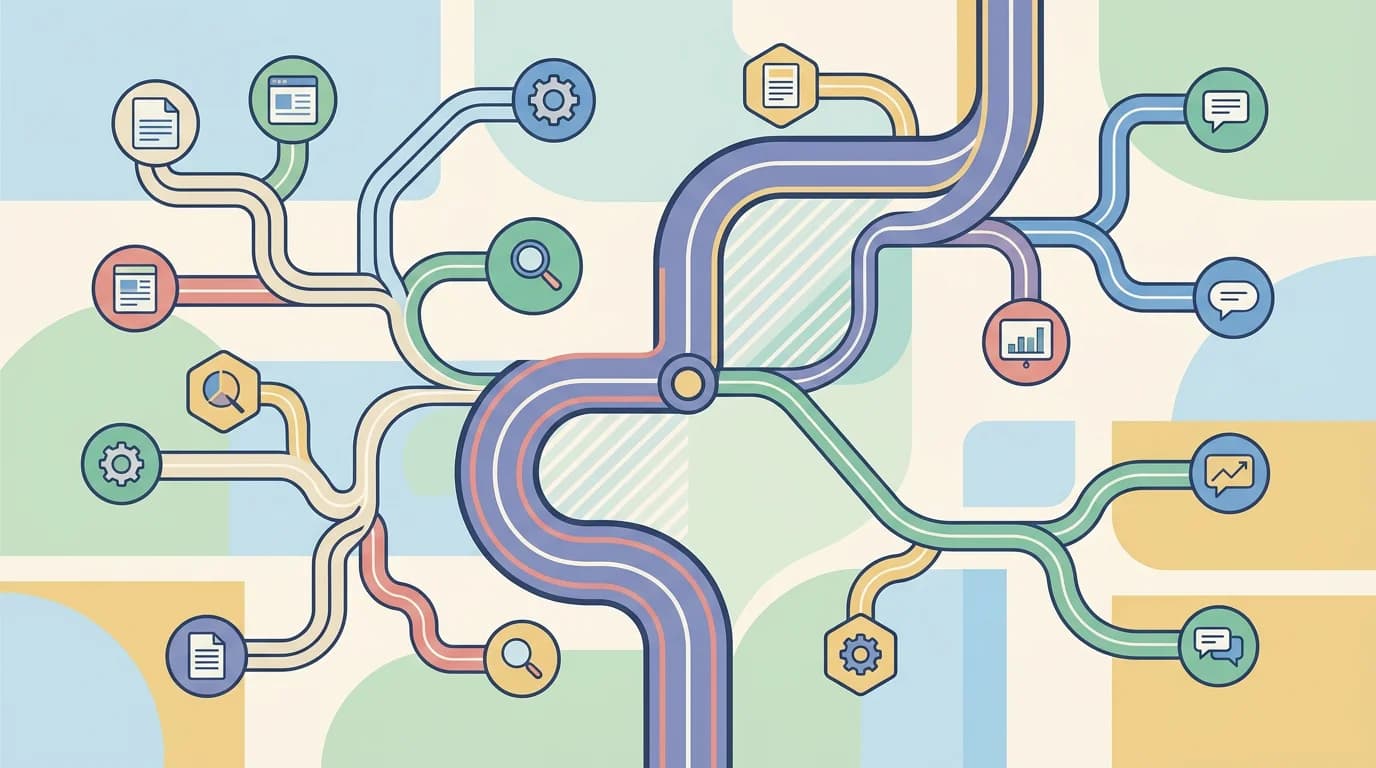 Разветвляющийся путь с одной основной дорогой — визуальная метафора архитектуры pillar page и cluster content