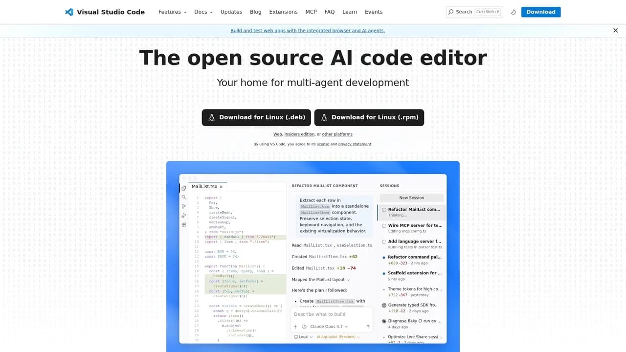 Интерфейс Visual Studio Code с подсветкой синтаксиса и расширениями